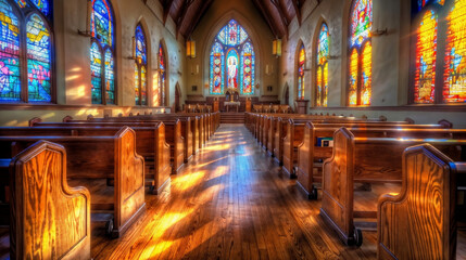 Fototapeta na wymiar Sunlit Church Interior Featuring Stained Glass Windows, Lent Season Symbol - Wooden Pew Rows Leading to Altar, Serene Contemplative Atmosphere