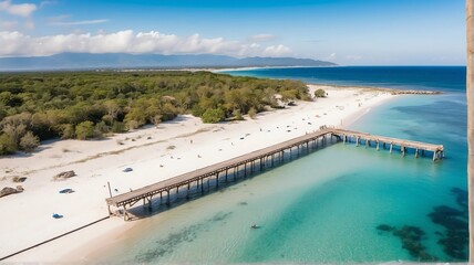 Aerial drone shot of a jetty wooden port on a white sand beach in summer from Generative AI
