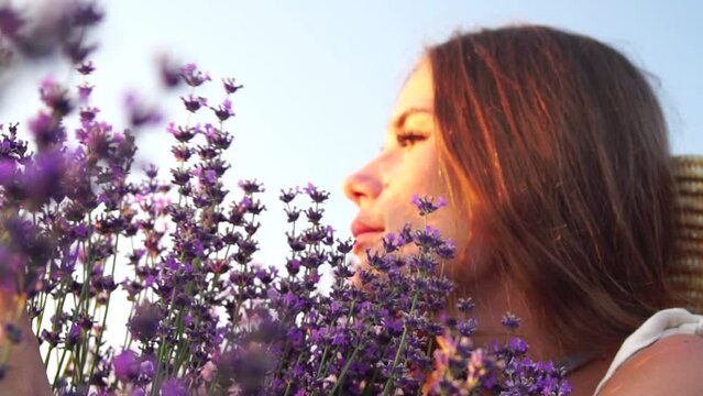 Woman in lavender field - Happy Lady in hat enjoys sunny day, wandering in lavender field, appreciating nature. Girl appreciates lavender bouquet fragrance, standing in field, on a clear day.