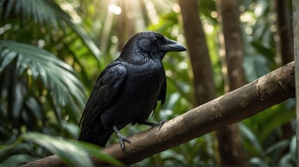 Close up shot of a crow bird on jungle forest background with rays of sunlight from Generative AI