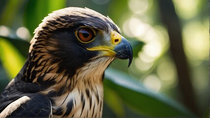 Fototapeta premium Close up shot of a falcon bird on jungle forest background with rays of sunlight from Generative AI