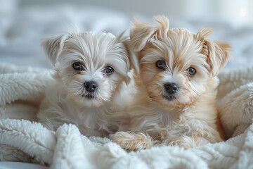 The twin and brother dogs sit together and look at the camera elegantly. Cute pets comfort their owners. I feel like I'm part of the family.