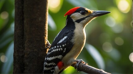 Fototapeta premium Close up shot of a woodpecker bird on jungle forest background with rays of sunlight from Generative AI