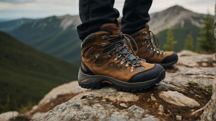 Hiking boots on a mountain trail hike from Generative AI