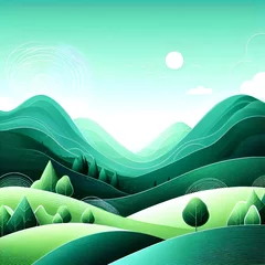 Fotobehang Abstract green landscape wallpaper background illustration design with hills and mountains © Sankar