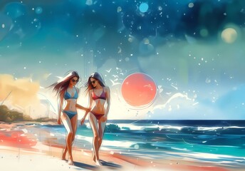 Two beautiful girls walk on a tropical beach by the sea, with the red setting sun. Concept of vacation, summer, happiness, friendship, complicity, youth, nature, outdoors. - obrazy, fototapety, plakaty