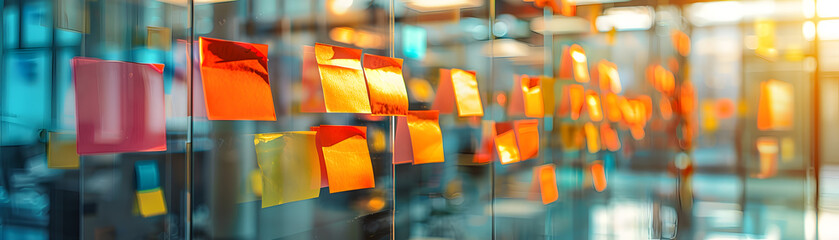 Bright colorful sticky notes arranged on a transparent glass wall in an office setting.