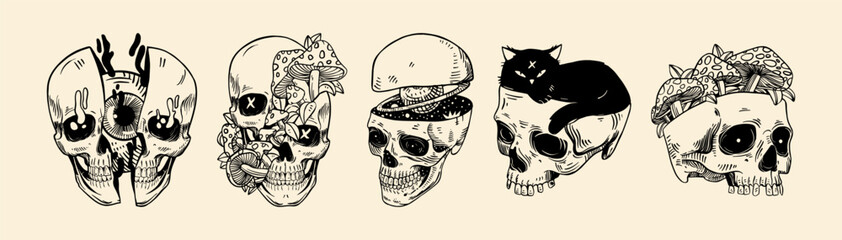 Set of skulls with with fly agaric cat and Saturn. Vector illustration isolated on a background.