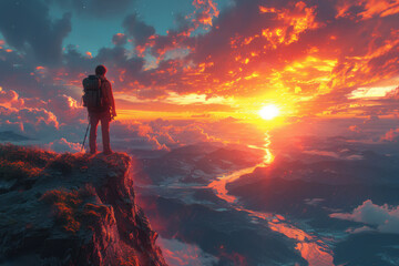 Fototapeta premium Traveler stands on the edge of a cliff against a sunset.