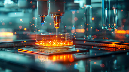 High-tech machinery creating semiconductor with glowing orange light in a cleanroom environment. - obrazy, fototapety, plakaty
