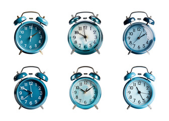 Collection of blue alarm clock isolated on a transparent background, PNG
