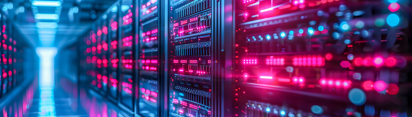 Aisle in a futuristic data center server room with blue LED lights and high-speed data transmission. - obrazy, fototapety, plakaty