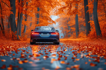 car on a road in an autumn forest with golden leaves.