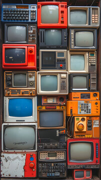 An array of colorful vintage televisions mounted on a wall, displaying design evolution over time.