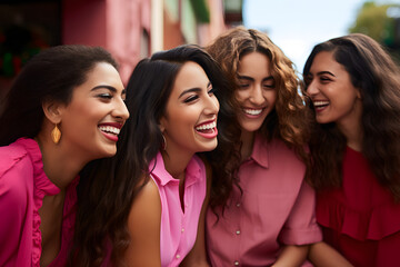 Fototapeta premium Diverse University Friends Strike Spirited Poses Against Vibrant pink Backdrop, Celebrating Friendship and Cultural Diversity with Radiant Togetherness.