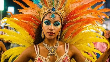 Carnival Queen Portrait, Vibrant Feathers, Festive Makeup