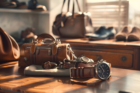 Watches Shoes Bags High Contrast Still Life watches, shoes, bag