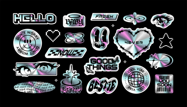 Naklejki Trendy holographic Y2K sticker illustration set. Retro 2000s text quote label collection. Iridescent metallic texture tag with love heart, anime cartoon and party message. Gen z cyber style bundle.