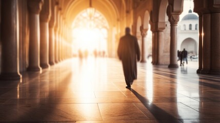 Stylish blurred minimum of a muslim man walking towards an islamic mosque 