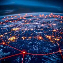 A global network map displaying interconnectivity with bright red nodes over a dark backdrop, symbolizing worldwide communication.