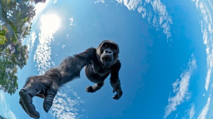 Gorilla jumping down against a blue sky. Animal in the air in motion