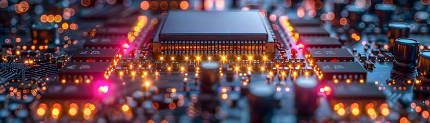 Macro view of a modern computer processor chip amidst electronic components with vibrant light effects.