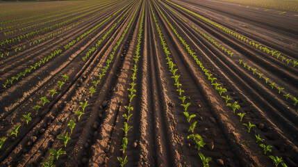 Fototapeta na wymiar Sunrise over Young Crop Seedlings in Symmetrical Farm Rows