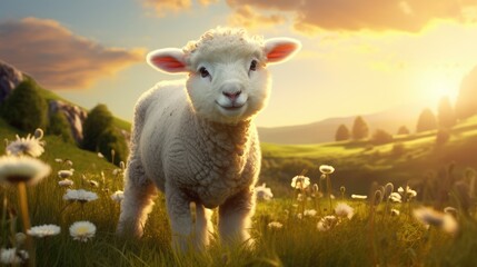 A little lamb is standing in a field. Agricultural industry. - obrazy, fototapety, plakaty