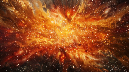 Stunning Cosmic Explosion: Galactic Supernova Phenomenon with a Vibrant Burst of Stars, Dust, and Gases in Red, Orange, and Yellow Hues against a Dark Sky, Artistic Interpretation or Digital Creation 