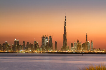 Fototapeta na wymiar View of Dubai skyline, shot made from Dubai creek harbor. Dubai, UAE