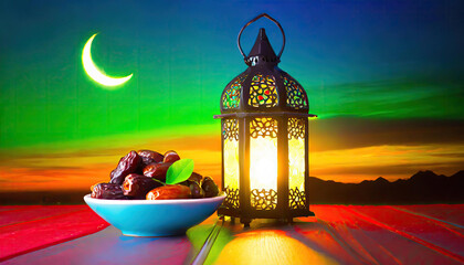 Traditional Ramadan and Eid lantern lamp with crescent moon, dates and fruits in a bowl on carpet, Generated AI