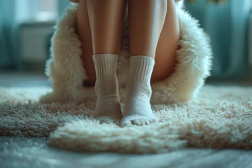 Foto op Plexiglas 冷え性の女性が部屋で靴下をはいて,冷え性対策の温活をしている © dadakko