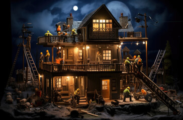 Building house on with worker, construction model