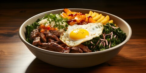 Bibimbap A delicious Korean delicacy featuring fried egg beef and veggies. Concept Korean Cuisine, Bibimbap, Authentic Flavors, Healthy Ingredients, East Asian Dish