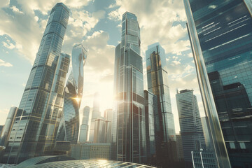 Toned image of modern office buildings and sky scrapers in central of the city realistic image