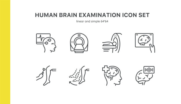 Human Brain Examination Icon Set. Thin Linear Illustrations of Electroencephalography EEG, MRI Magnetic Resonance, Medical CT Scanner Diagnostics, Brain Stroke, Reflex Test. Isolated Vector Signs.	