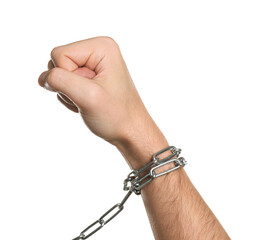 Freedom concept. Man with tied chains on his hand against white background, closeup