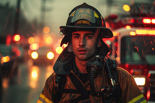 A young male firefighter with intense eyes and a soot-dusted face stands resolute against a backdrop of raging flames and emergency vehicles.