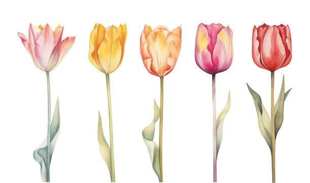 Tulip Set Watercolor Style Isolated on Transparent Background
