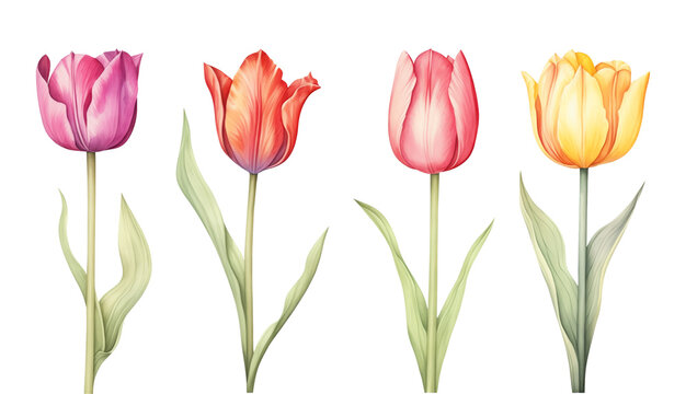 Different Color Tulip Set Watercolor Style Isolated on Transparent Background
