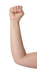Playing rock, paper and scissors. Woman showing fist on white background, closeup