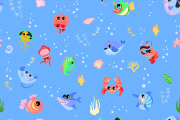 Fototapeta na wymiar Seamless pattern with sea animals. Underwater for kids bedding fabric wallpaper wrapping and paper textile, t-shirt print Vector illustration..