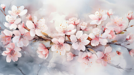 Watercolor delicate white and pink flowers spring summer, cherry apple tree blossom, poster, background, wallpaper, generative AI