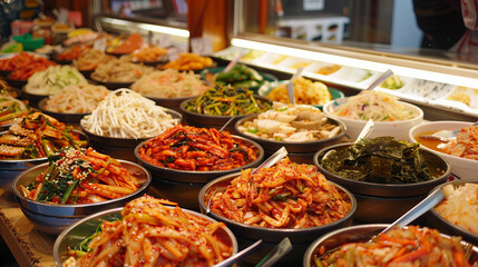 Fototapeta premium Traditional Korean side dishes, including various kimchi and vegetables, displayed in metal bowls.
