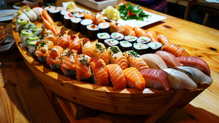 A wooden boat tray filled with assorted sushi rolls and sashimi, perfect for sharing. - Powered by Adobe