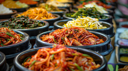 Traditional Korean side dishes, including various kimchi and vegetables, displayed in metal bowls.