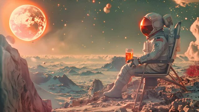 bright star while drinking beer on an alien planet, the concept of travel and lifestyle of an astronaut on another planet ,generative ai