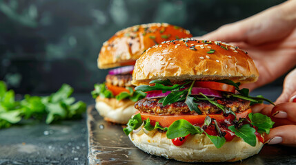 Hand-held fresh gourmet burgers with sesame seeds, ripe tomatoes, and arugula on a rustic dark surface. - Powered by Adobe