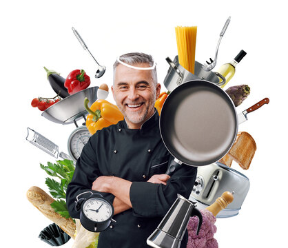 Professional creative chef portrait with kitchen utensils