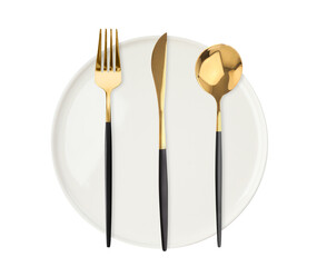 Clean plate, fork, knife and spoon on white background, top view